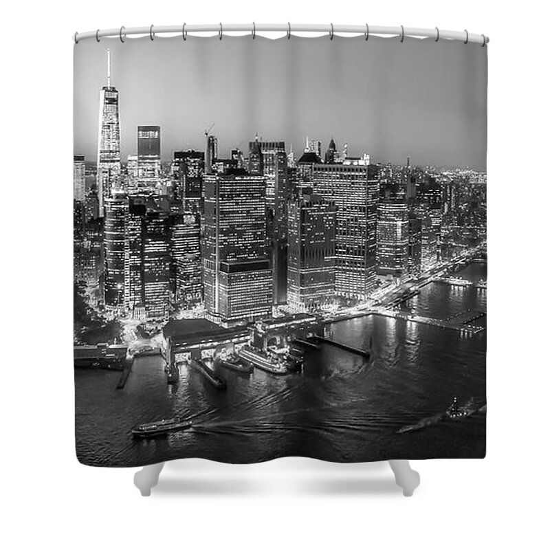 Aerial View Shower Curtain featuring the photograph Illuminated Lower Manhattan NYC BW by Susan Candelario