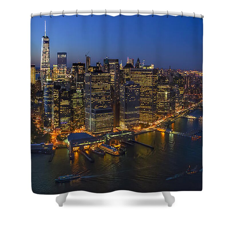 Aerial View Shower Curtain featuring the photograph Illuminated Lower Manhattan NYC by Susan Candelario