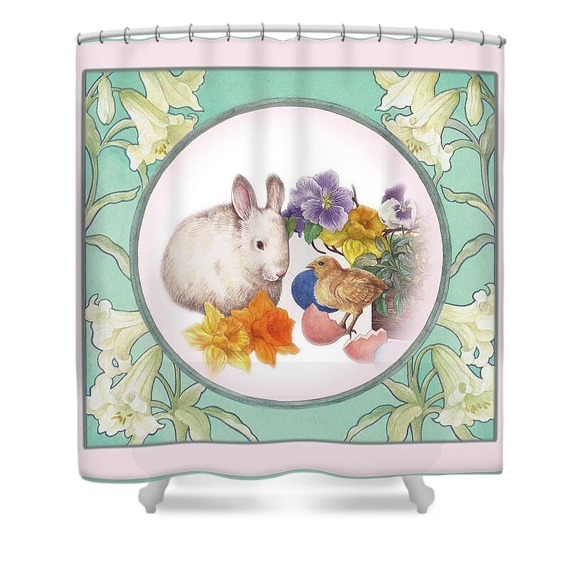 Easter Bunny Shower Curtain featuring the painting Illustrated Bunny with Easter Floral by Judith Cheng