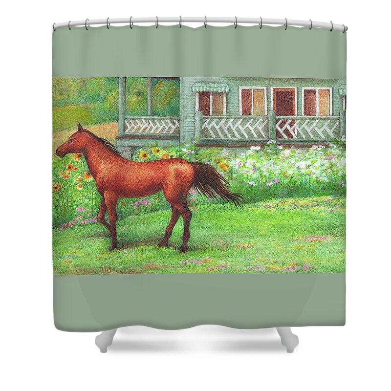Equine Art Shower Curtain featuring the painting Illustrated Horse Summer Garden by Judith Cheng