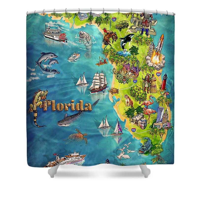 Castillo De San Marcos National Monument Shower Curtain featuring the painting Illustrated Map of Florida by Maria Rabinky