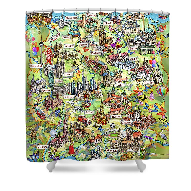 Germany Map Shower Curtain featuring the painting Illustrated Map of Germany by Maria Rabinky