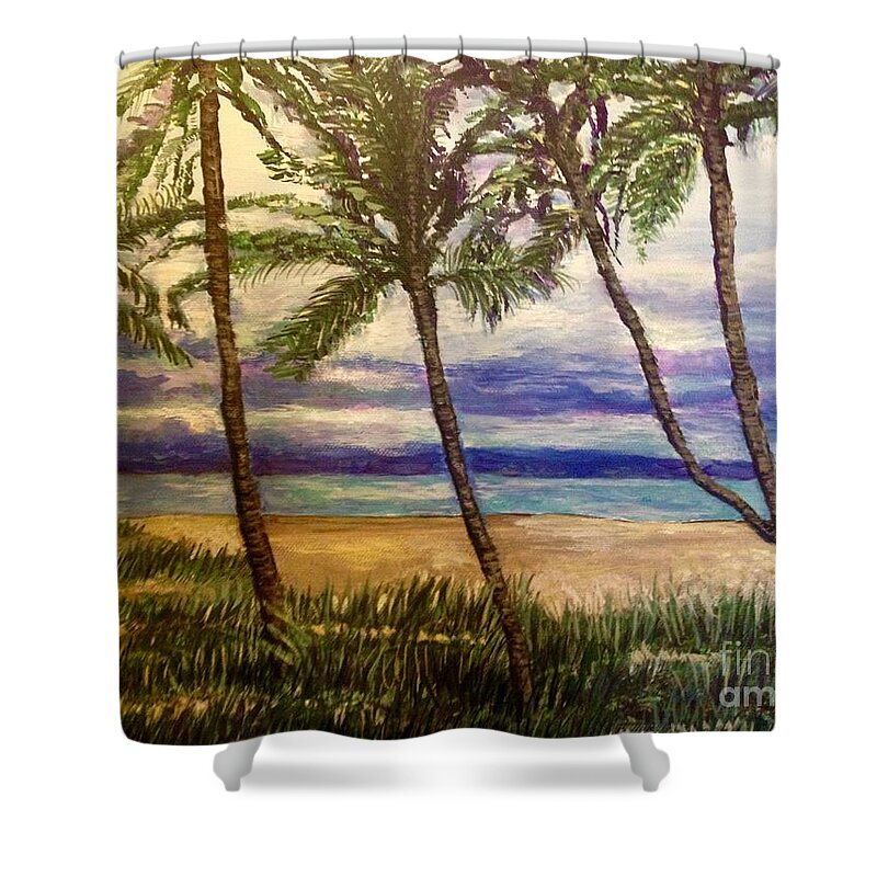 Tropical Island Scene Paradise Somewhere In The Mediterranean Or Carribean Palm Trees In Foreground Swaying In The Soft Island Breezes Grassy Cool Area Under The Shade Of The Island Trees Crystal Turquoise Blue Water Glistening In The Warm Sun Misty Purple Blue Island In The Background Mystical Tropical Cool Sunset Nature Scene Island Tropical Acrylic Paintings Shower Curtain featuring the painting I'm Dreaming of Island Breezes by Kimberlee Baxter