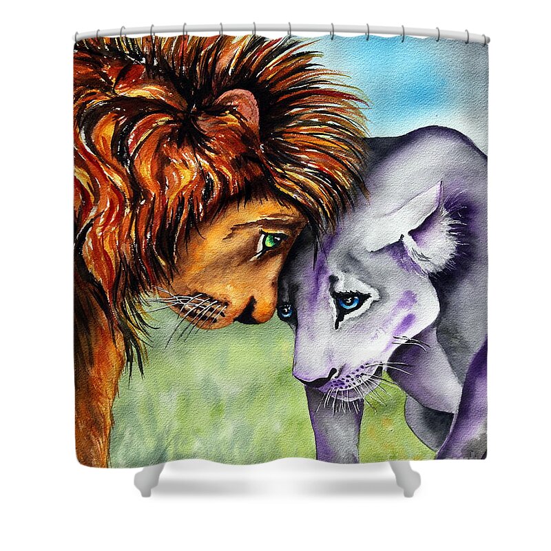 Lions Shower Curtain featuring the painting I'm In Love With You by Maria Barry