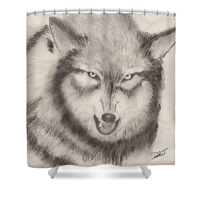 Wolf Shower Curtain featuring the drawing I'm Not A Dog by David Jackson