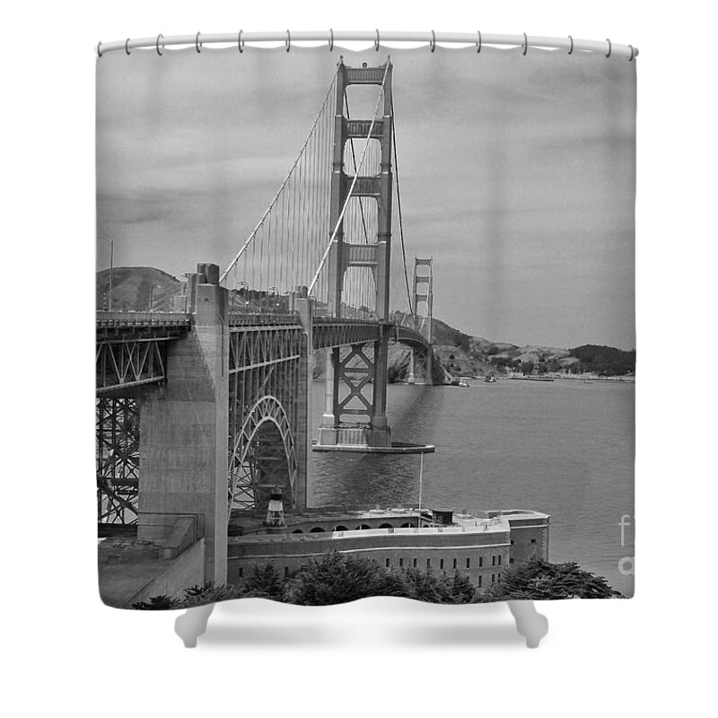 Mixed Media Shower Curtain featuring the photograph Imagination of the Golden Gate in 1937 by Debby Pueschel