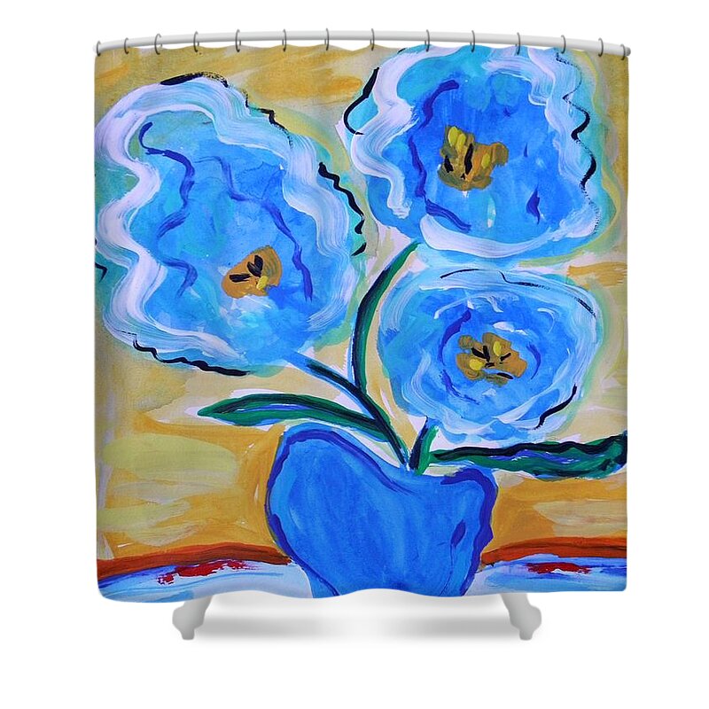 Blue Flowers Shower Curtain featuring the painting Imagine in Blue by Mary Carol Williams
