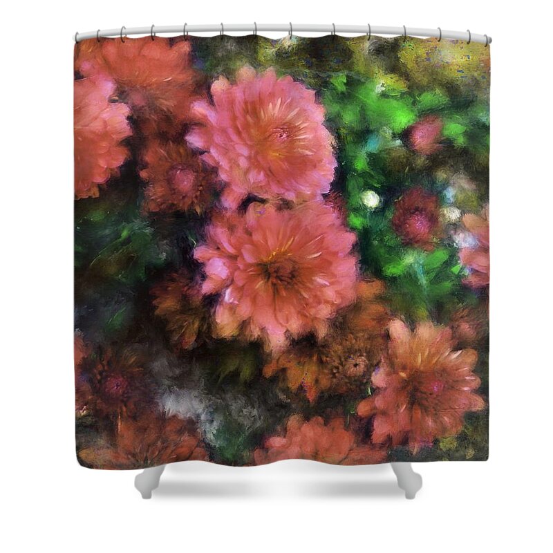 Mums Shower Curtain featuring the painting Bronze and Pink Mums by Sand And Chi