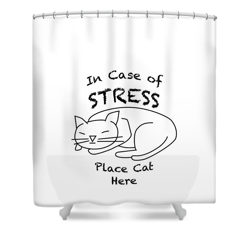Cat Shower Curtain featuring the drawing In case of stress, place cat here t-shirt by David Smith