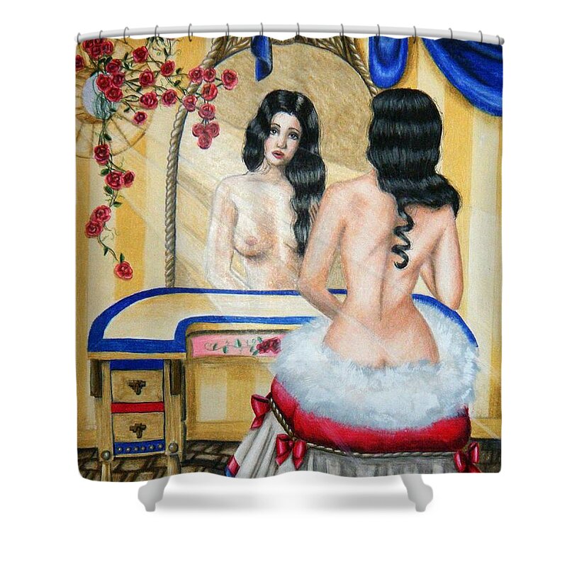 Woman Shower Curtain featuring the drawing In Her Minds Eye by Scarlett Royale