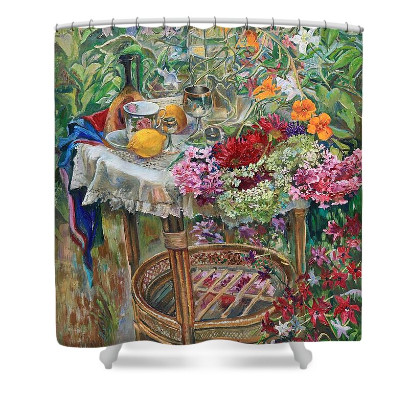 Maya Gusarina Shower Curtain featuring the painting In the Garden by Maya Gusarina