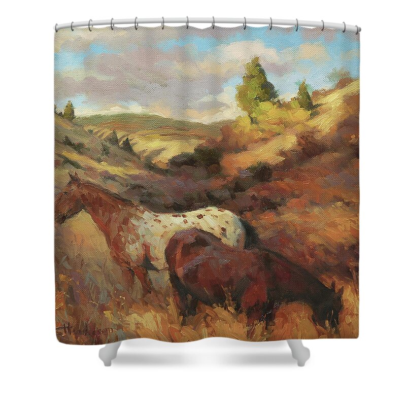 Horse Shower Curtain featuring the painting In the Hollow by Steve Henderson