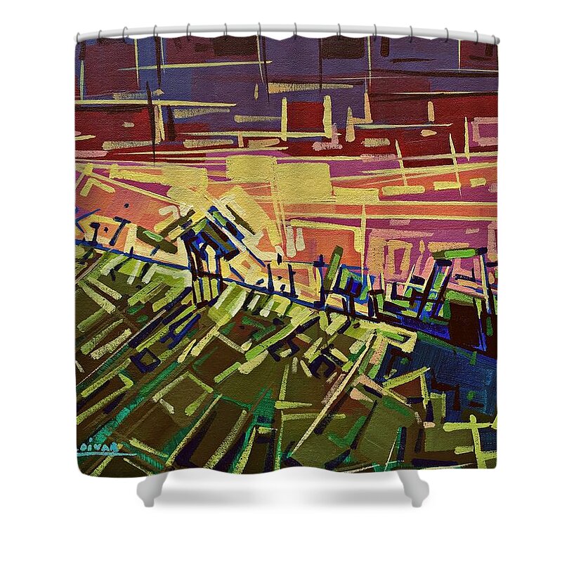 Sunset Shower Curtain featuring the painting In the middle of the mountain by Enrique Zaldivar