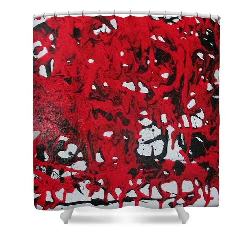 Bold Powerful Passion Love Emotion Transcendence Red Black Shower Curtain featuring the painting In The Midst Of Passion by Sharyn Winters