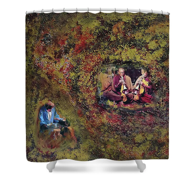 Google Images Shower Curtain featuring the mixed media In The Name of Music by Fei A