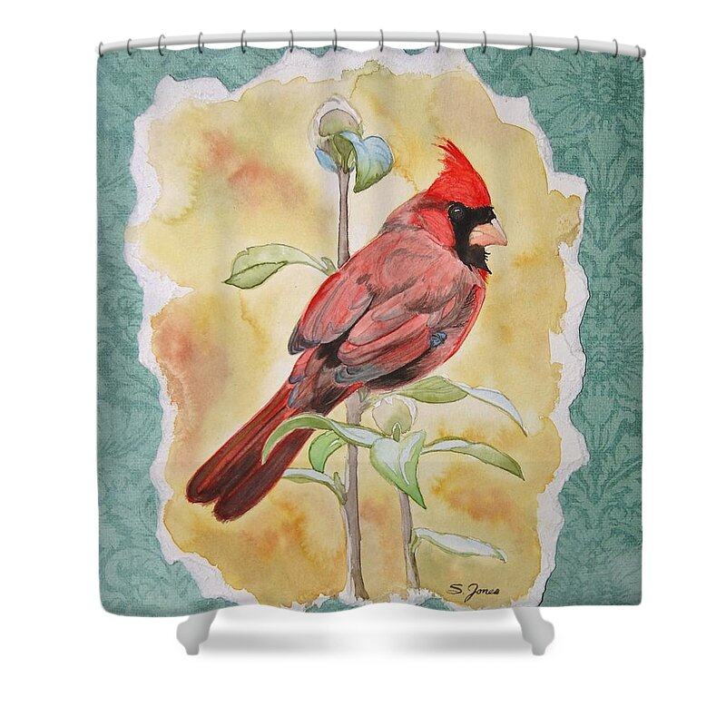 Cardinal Shower Curtain featuring the painting In the Reeds by Sonja Jones