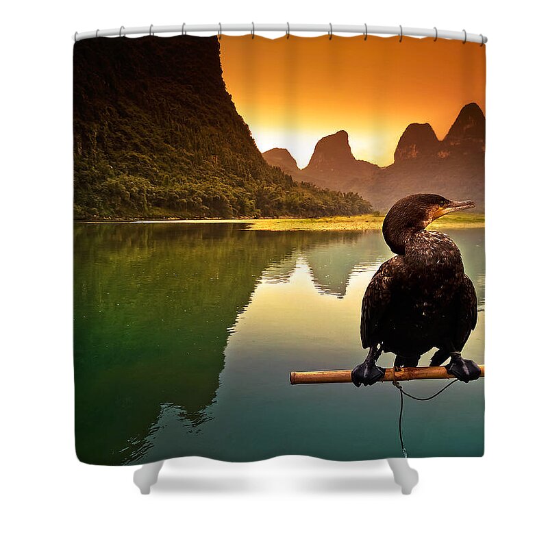 Sunset Shower Curtain featuring the photograph In the rest of cormorant watching the sunset-China Guilin scenery Lijiang River in Yangshuo by Artto Pan
