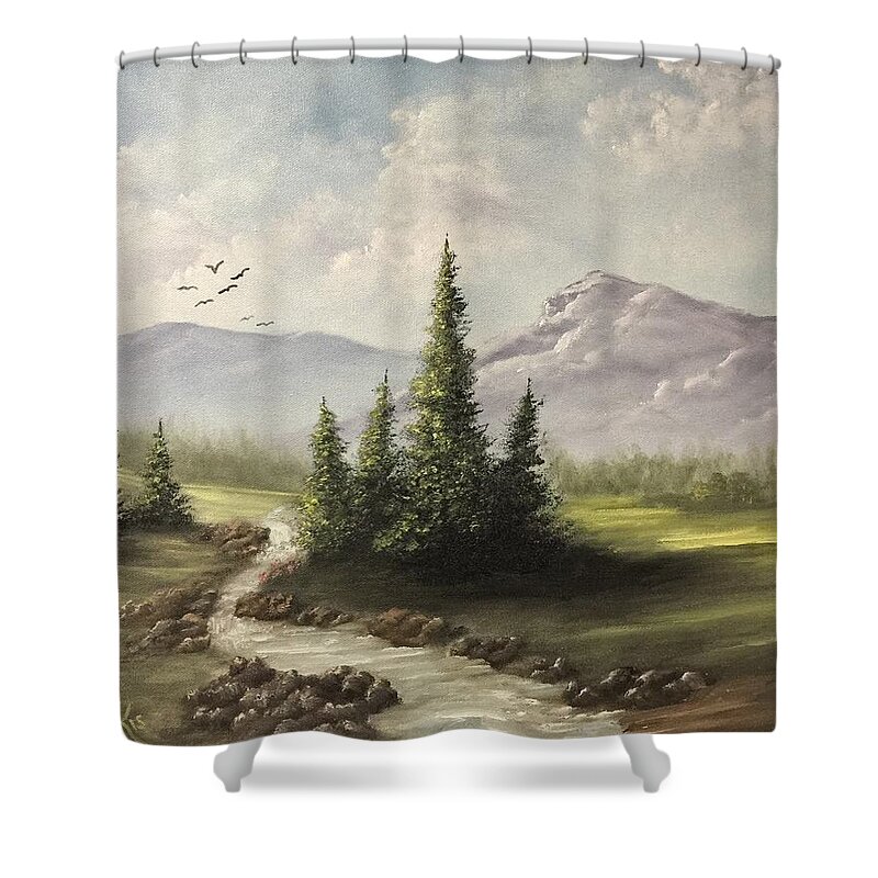 Tree Landscape Mountain Meadow Sky Cloud Pine Tree Grass Land Valley Shower Curtain featuring the painting In the valley by Justin Wozniak