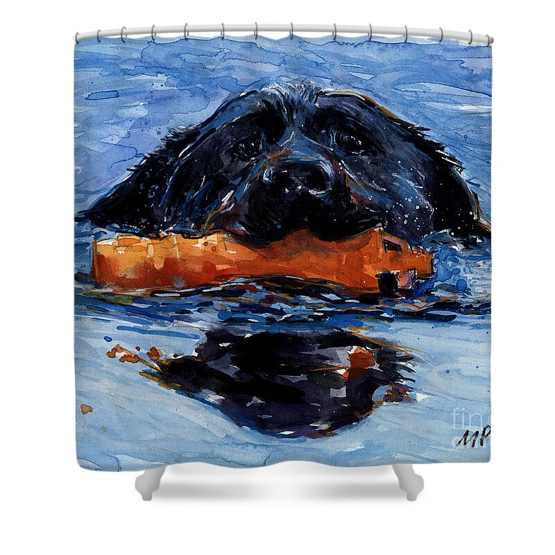 Black Labrador Retriever Shower Curtain featuring the painting In the Wake by Molly Poole