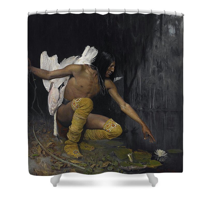George De Forest Brush B. 1855. D. 1941. Shower Curtain featuring the painting Indian And The Lily by George de Forest