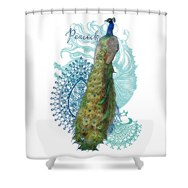 Peacock Shower Curtain featuring the mixed media Indian Peacock Henna Design Paisley Swirls by Audrey Jeanne Roberts