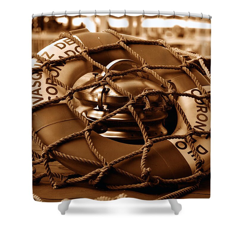 Indiana Jones Shower Curtain featuring the photograph Indy's life preserver by David Lee Thompson