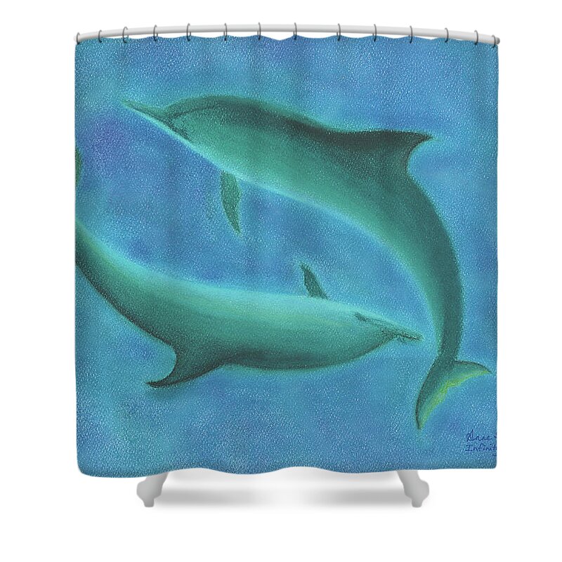Dolphins Shower Curtain featuring the pastel Infinity by Anne Katzeff