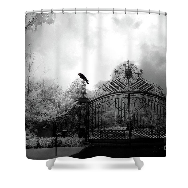 Surreal Raven On Gate Shower Curtain featuring the photograph Infrared Gothic Raven On Gate Black And White Infrared Print - Solitude - Gothic Raven Infrared Art by Kathy Fornal