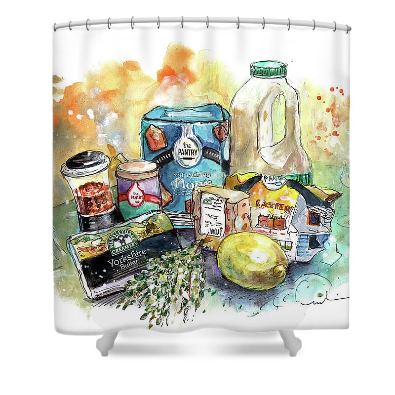 Travel Shower Curtain featuring the painting Ingredients For Yorkshire Cheese Scones by Miki De Goodaboom