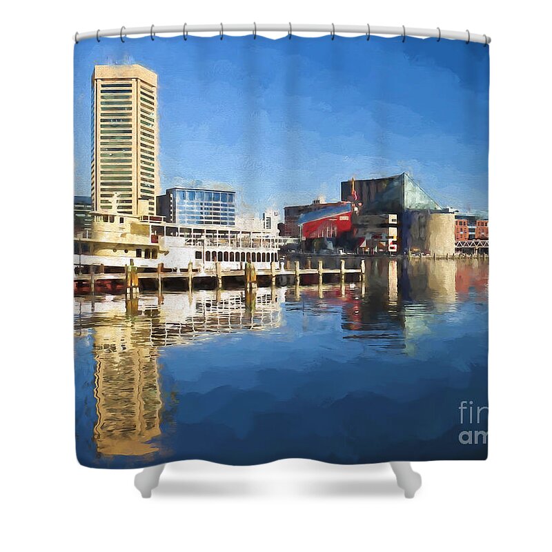 Baltimore Inner Harbor Shower Curtain featuring the painting Inner Harbor Reflections by Kerri Farley
