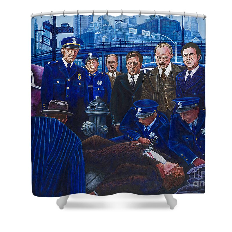 Godfather Shower Curtain featuring the painting Innocent Bystanders by Michael Frank