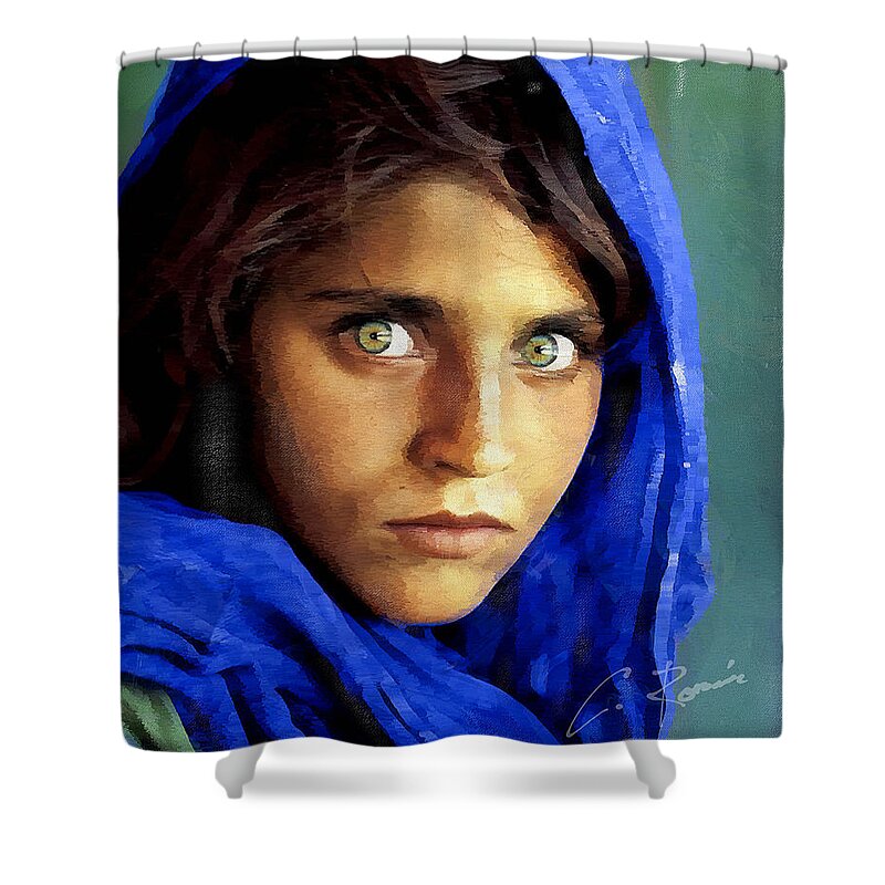 Afghan Shower Curtain featuring the digital art Inspired by Steve McCurry's Afghan Girl by Charlie Roman