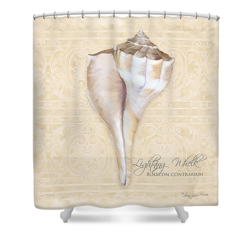 Inspired Coast 3 Shower Curtain featuring the painting Inspired Coast 3 - Lightning Whelk Shell Busycon Contrarium by Audrey Jeanne Roberts