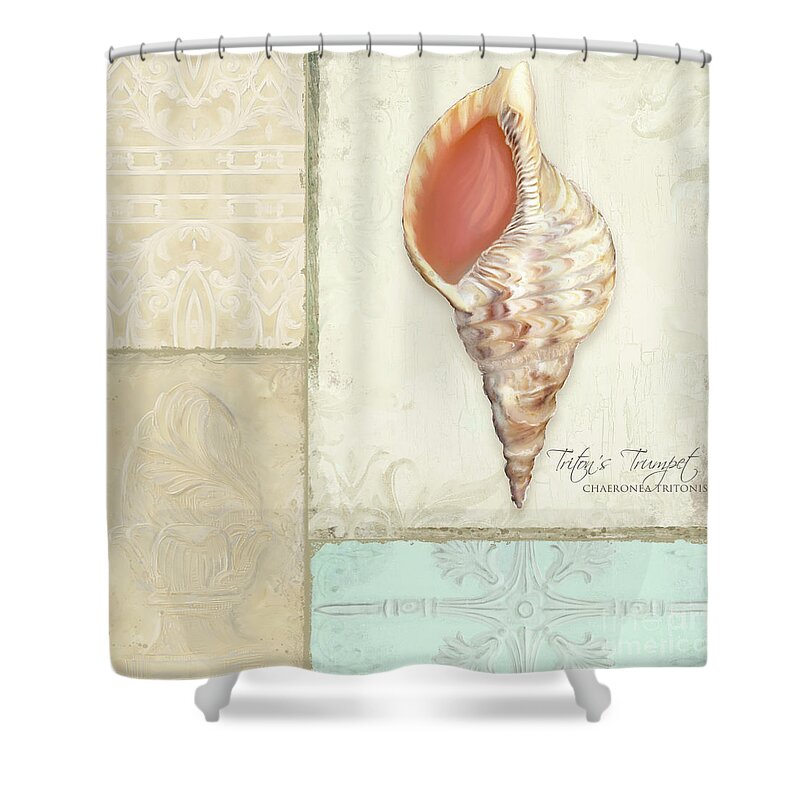 Tritons Trumpet Shower Curtain featuring the painting Inspired Coast Collage - Triton's Trumpet Shell w Vintage Tile by Audrey Jeanne Roberts
