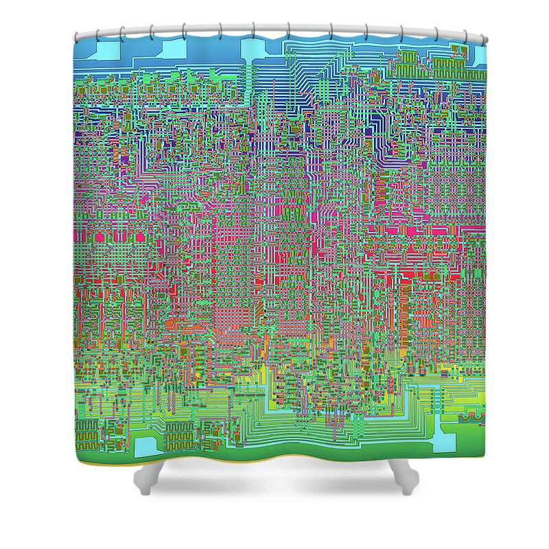 Intel Shower Curtain featuring the digital art Intel 4004 CPU 4 bit Central Processing Unit CPU Computer Chip Integrated Circuit Mask, Abstract 5 by Kathy Anselmo