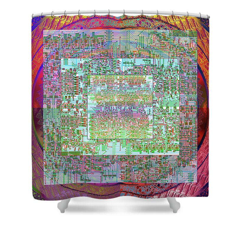 Intel Cpu Shower Curtain featuring the digital art Intel 4004 CPU Silicon Wafer computer Chip Integrated Circuit Mask Abstract, Composition 1 by Kathy Anselmo