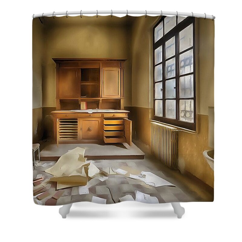 Seminario Abbandonato Shower Curtain featuring the photograph INTERIOR FURNITURE ATMOSPHERE of Abandoned Places dig paint by Enrico Pelos