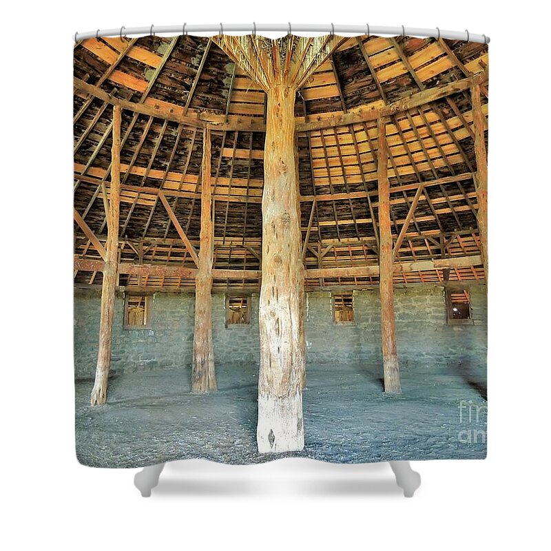 Peter French Round Barn Shower Curtain featuring the photograph Interior Peter French Round Barn by Michele Penner