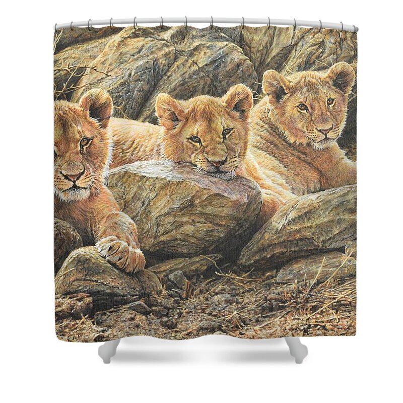 Wildlife Paintings Shower Curtain featuring the painting Interrupted Cat Nap by Alan M Hunt