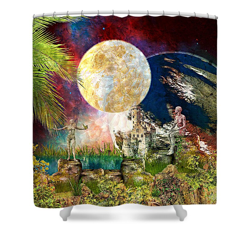 Interstellar Holiday Shower Curtain featuring the mixed media Interstellar Holiday by Ally White