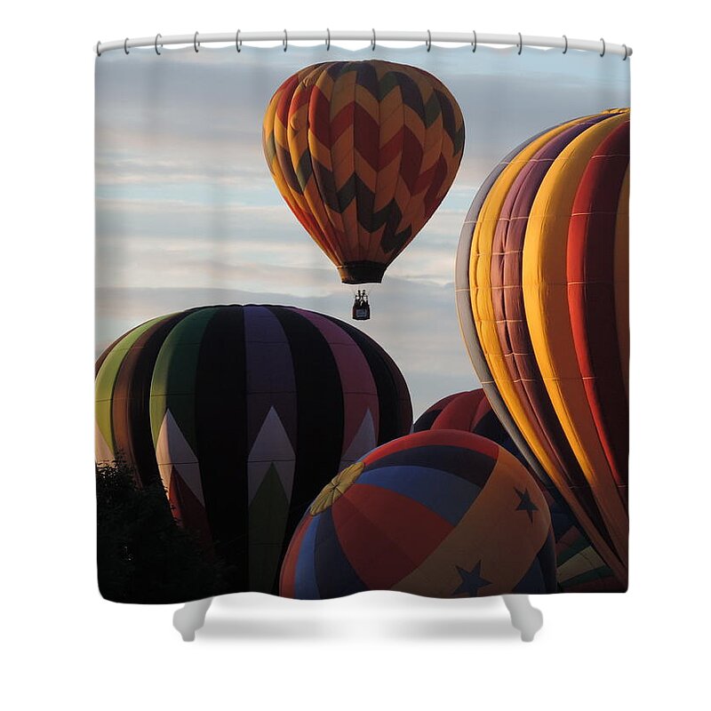 Balloons Shower Curtain featuring the photograph Into the Dawn Sky by Bill Tomsa