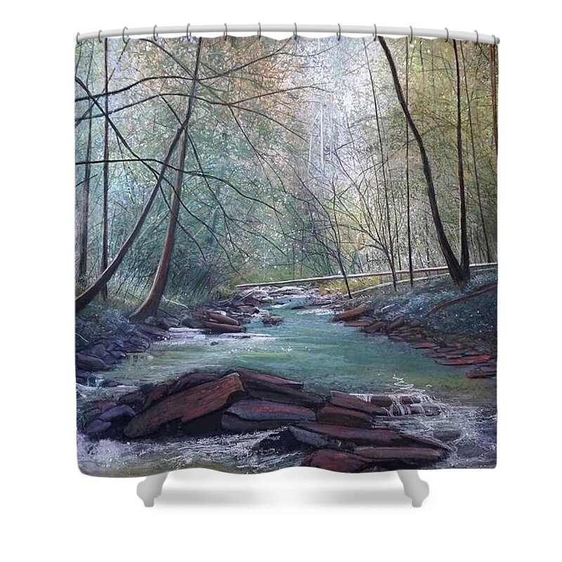 Magic Forest Shower Curtain featuring the pastel INTO the LIGHT by Gary Edward Jennings