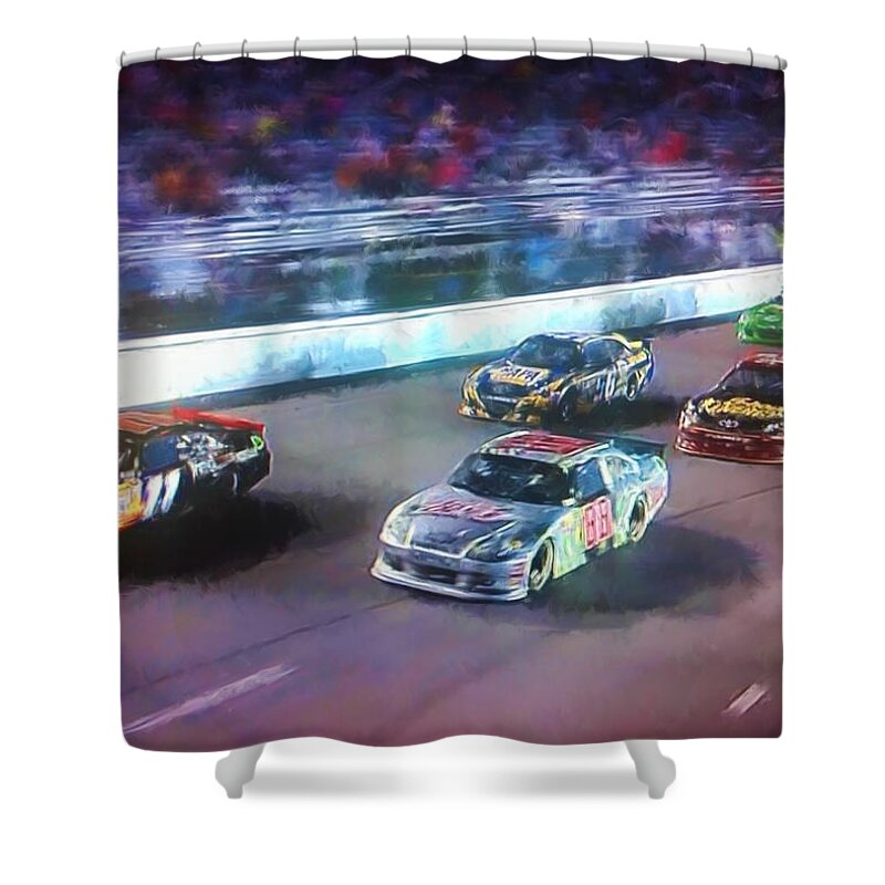 Nascar Shower Curtain featuring the painting Into The Night by Steven Richardson