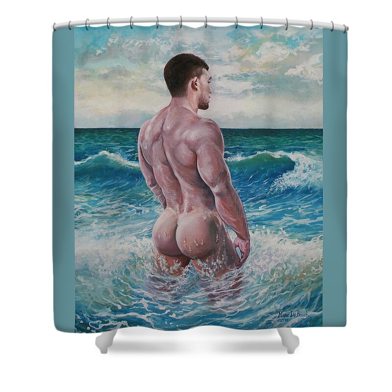 Seascape Shower Curtain featuring the painting Into The Waves by Marc DeBauch