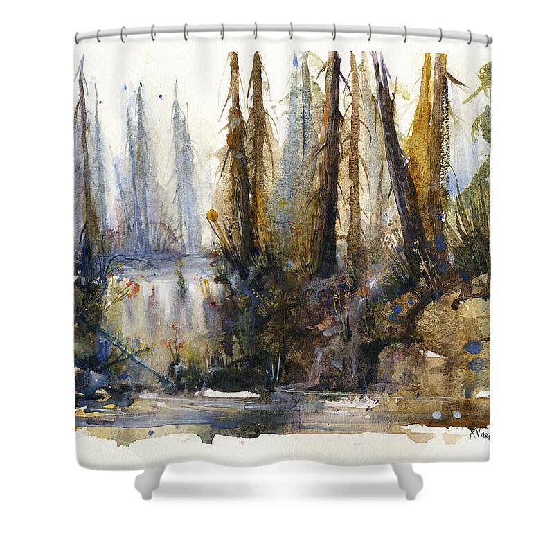 Watercolors Shower Curtain featuring the painting Into the Woods by Kristina Vardazaryan
