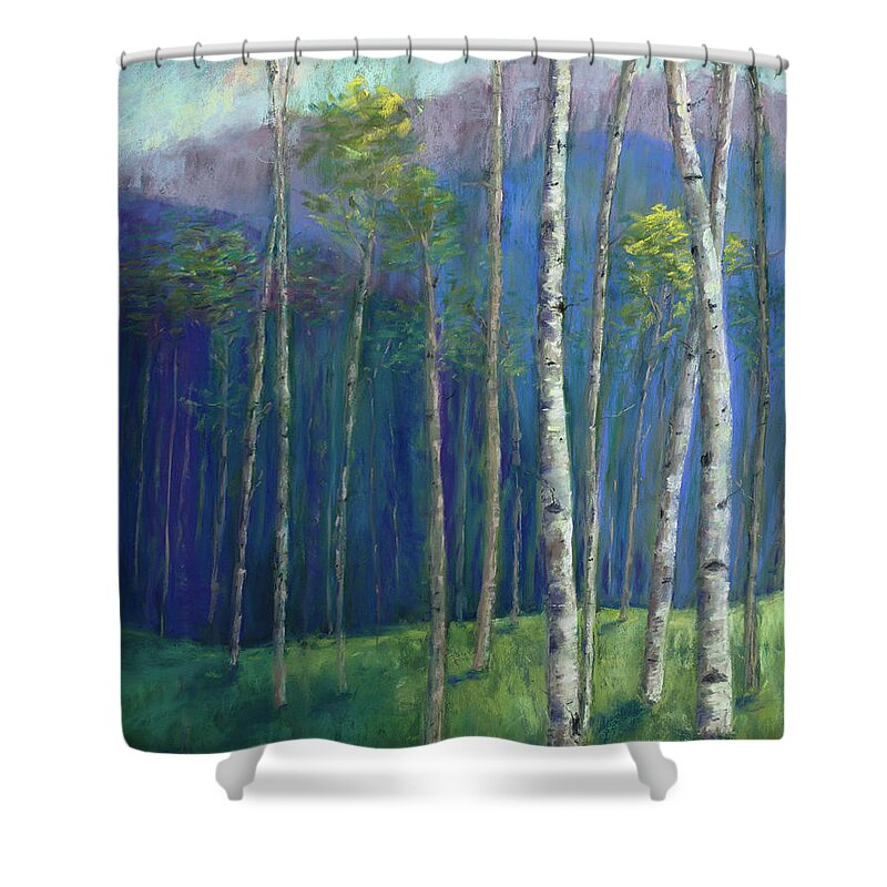 Aspens Shower Curtain featuring the painting Into the Woods by Mary Benke