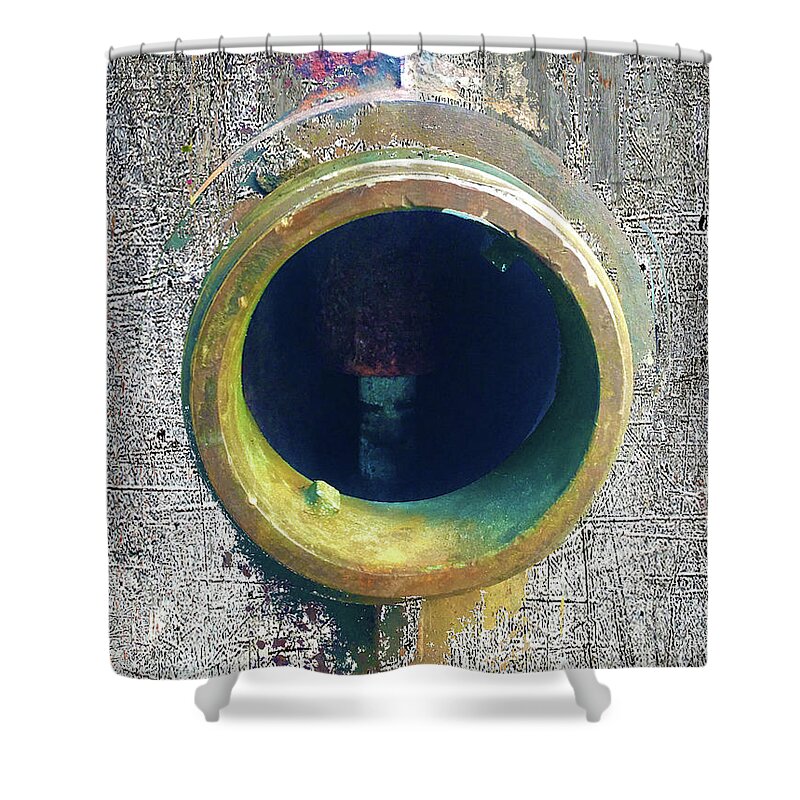 Rusty Hole Shower Curtain featuring the mixed media Inturupted by Tony Rubino