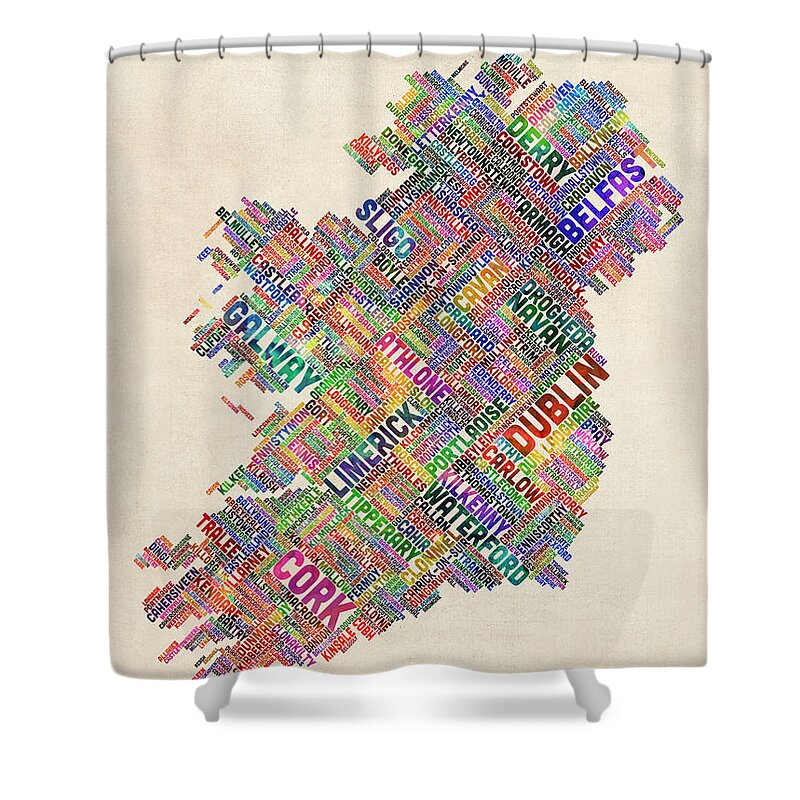 Ireland Map Shower Curtain featuring the digital art Ireland Eire City Text Map Derry Version by Michael Tompsett