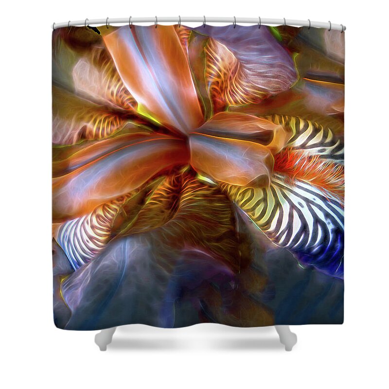 Flower Shower Curtain featuring the mixed media Iris Dream by Lynda Lehmann