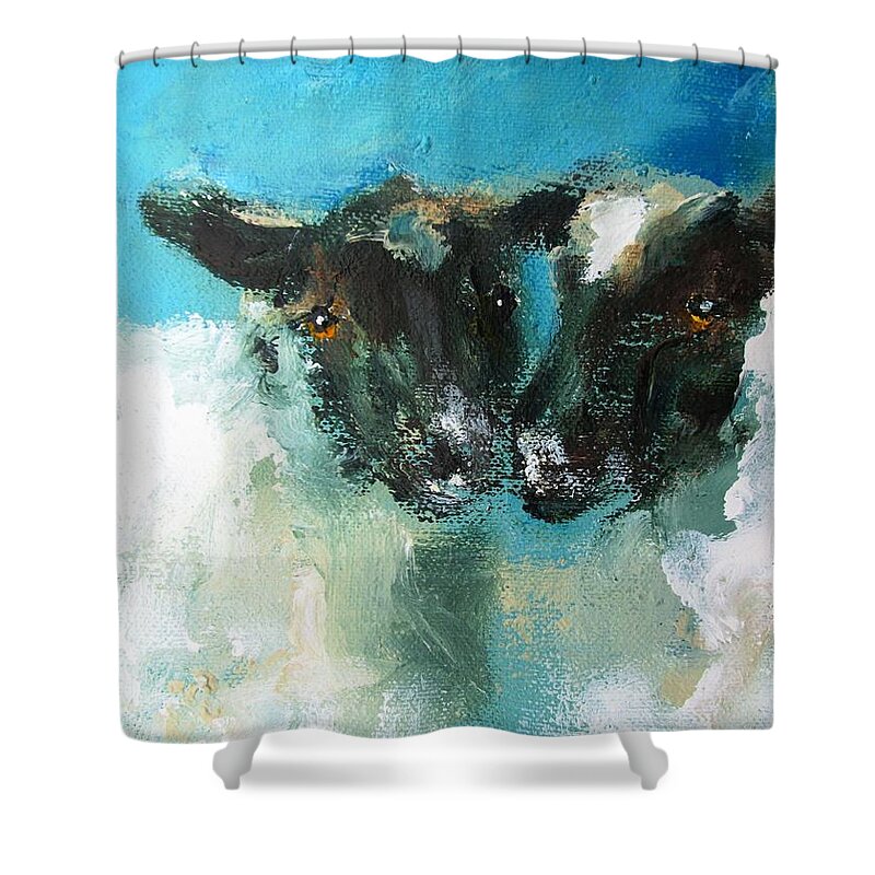 Sheep Shower Curtain featuring the painting paintings of Irish sheep by Mary Cahalan Lee - aka PIXI
